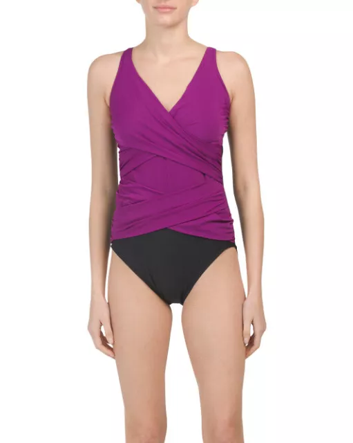 NEW Orig $158 Miraclesuit Magicsuit Swimsuit 14 Slimming One Piece Plum Black