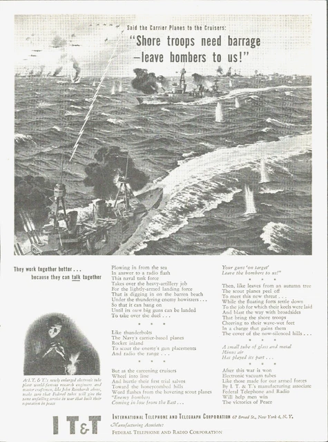1943 WWII IT&T radio vintage print ad battleships cruisers bombers  military