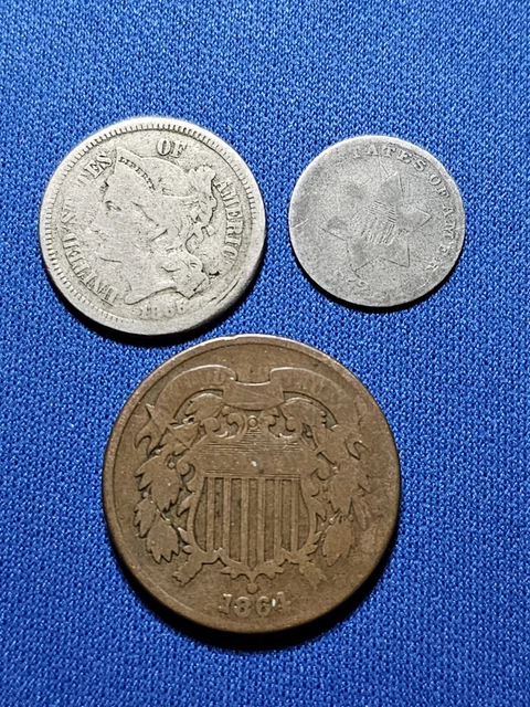 1852 Three-Cent Silver Piece, 1864 Two Cent. 1865 Three-Cent Nickel Type Lot 1852 Three-Cent Silver Piece, 1864 Two Cent. 1865 Three-Cent Nickel Type Lot