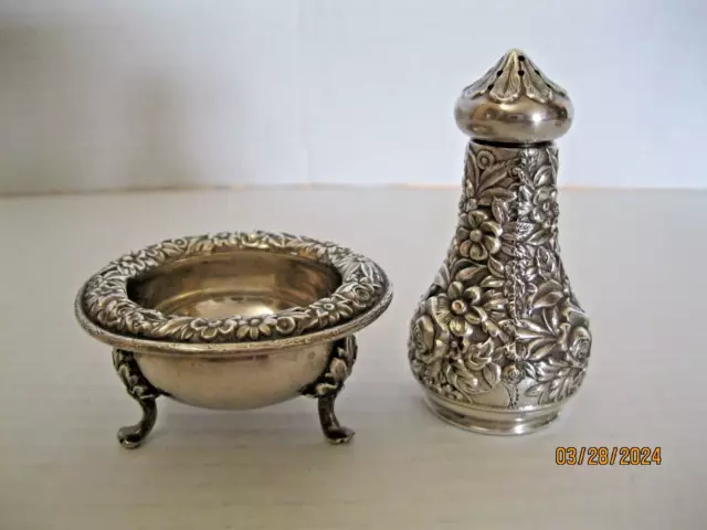 Repousse  S. Kirk & Son Sterling Silver Open Footed Salt Dish 3.25 & Pepper 3.25