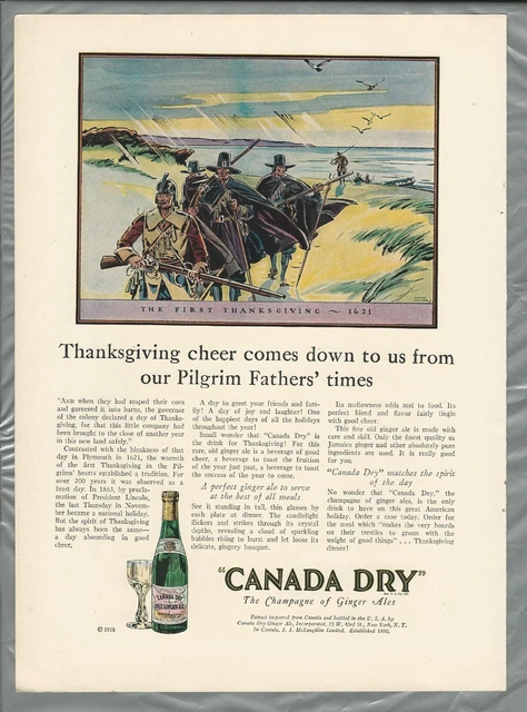 1928 CANADA DRY advertisement, Ginger Ale, color art Pilgrims First Thanksgiving