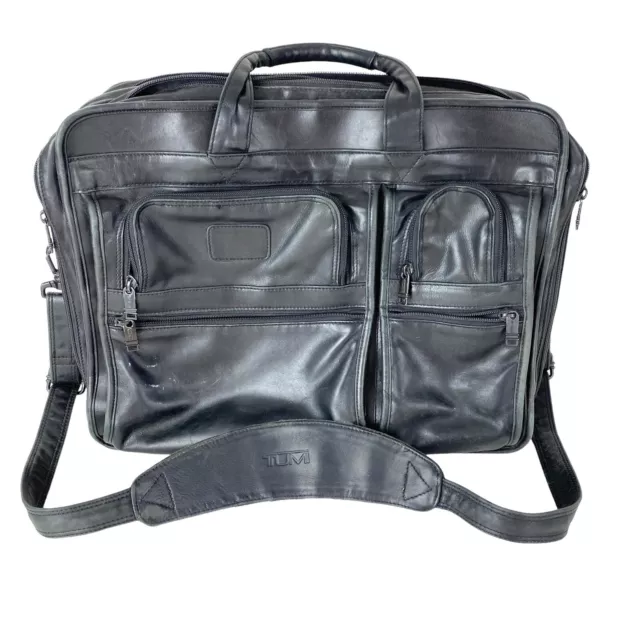 Tumi Laptop Computer Bag Expandable Leather Black Shoulder Strap Briefcase