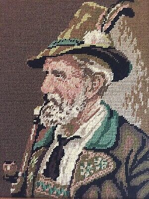 Needlepoint Finished Framed Old German Swiss Man Beard Smoking Pipe Wall Decor 2