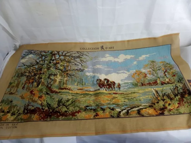 Vintage Completed Tapestry Autumnal Horses Ploughing Scene 78X39cm Needlepoint