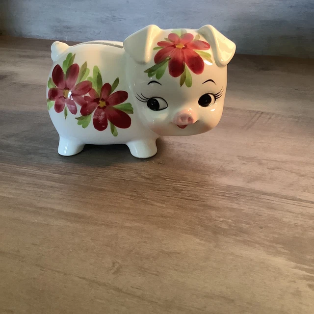 Vintage Ceramic PIGGY BANK Red Flowers W Stopper G&G Japan CUTE