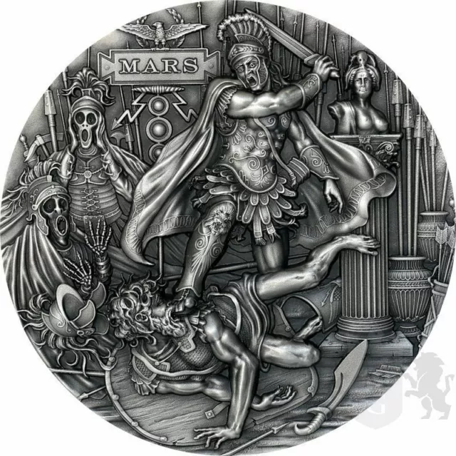 2021 Niue Roman Gods Mars 2 oz .999 Silver Antique Finish COA #333