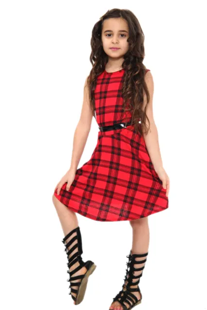 Girls Tartan Red Retro Vintage Skater Dress With Belt Age Size 5 7 9 11 13 Years
