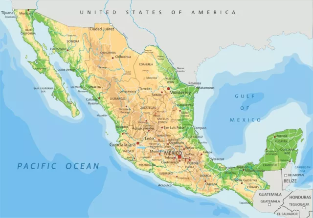 Highly Detailed Mexico physical map High Quality Poster 91x61cm  educational