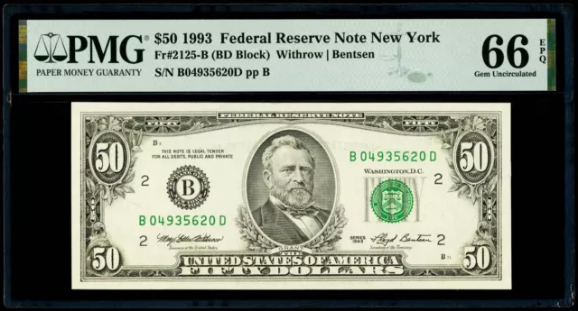 $50 1993 Federal Reserve Note New York Fr#2125-B PMG 66 EPQ Gem Uncirculated