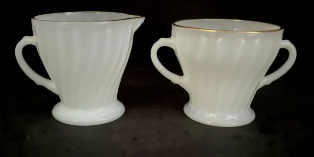 Anchor Hocking Fire King Milk Glass With gold Rim Creamer and Sugar Bowl