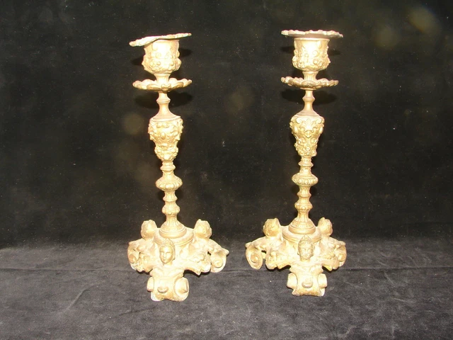 Jolie ancienne paire de bougeoir, chandelier, candélabre décor têtes de femme