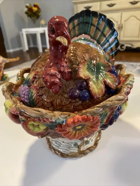 Fitz & Floyd Autumn Bounty Turkey Soup Tureen Majolica Fruits Vegetables L New