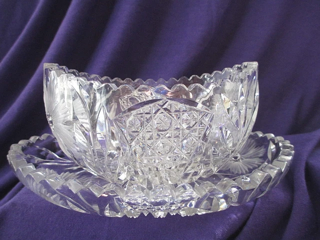American Brilliant Cut Glass Canoe Bowl/Underplate Pretty Floral Leaf Pattern