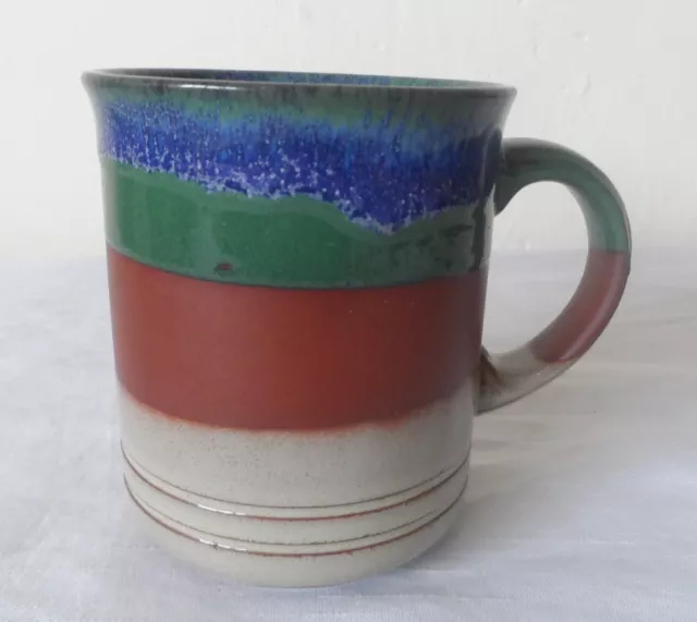 Studio Art Pottery Mug Lovely Glaze Colours Stripes Blue Green Brown