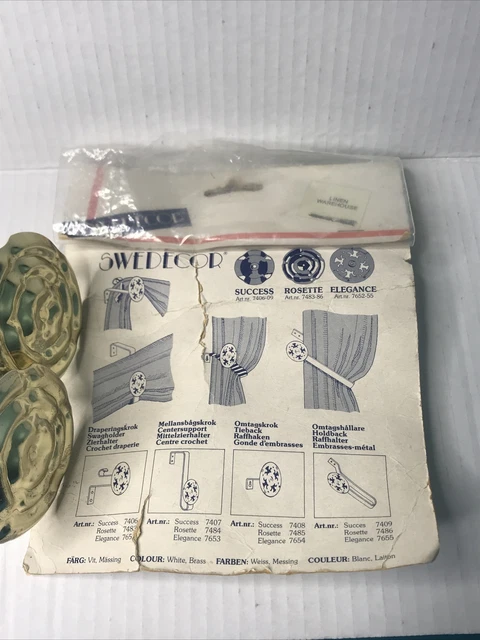 Vintage Swedecor Swag Drapery Curtain Tie Backs Hook Rosette Brass Set 4.5" 3