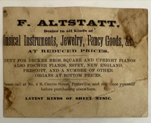 Victorian Jewelers Trade Card F Altstatt  Musical Instruments Pottsville Pa B17