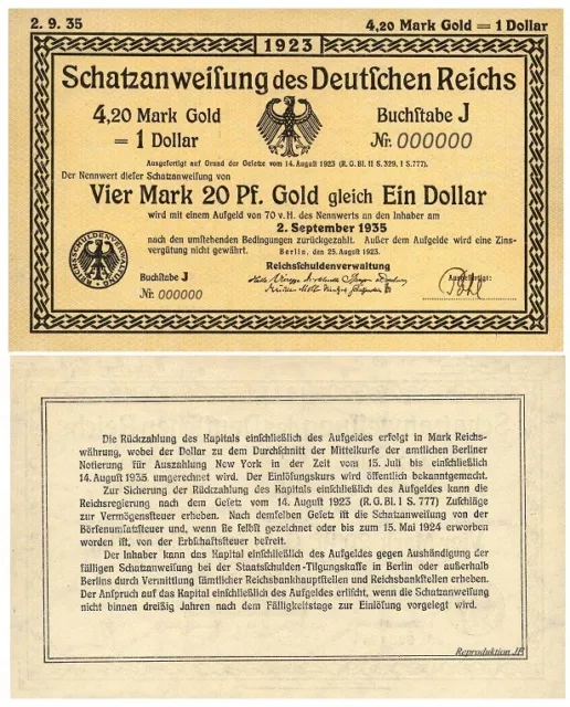 Schatzanweisung des Deutschen Reichs, 4,20 Mark = 1 Dollar, 1923, Reproduktion