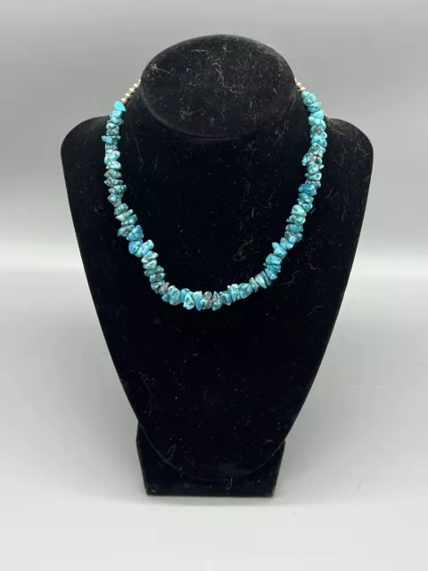 TURQUOISE NECKLACE Vintage Navajo Pearl Sterling Silver Old Pawn Large Gem 15”