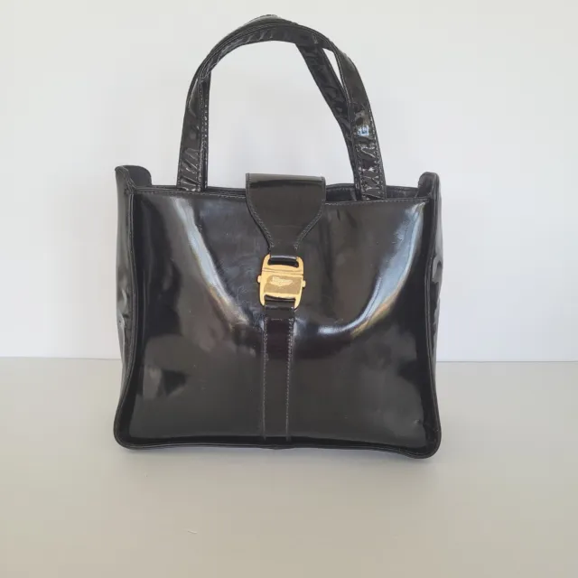 Salvatore Ferragamo Vintage Vara Purse Tote Bag Patent Leather Black  Small Logo