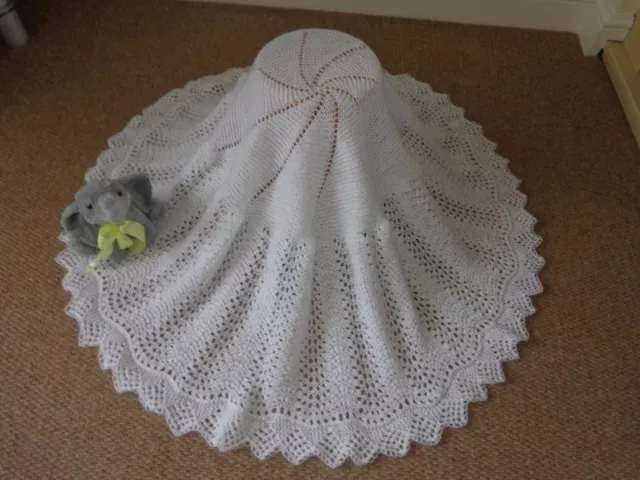 Beautiful Hand Knitted White Circular Baby Shawl 4ply (Gift Presented)