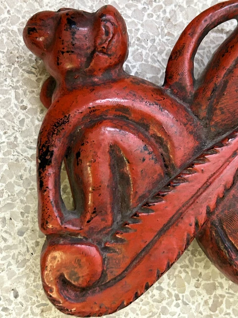 Carved Wooden Teak Red Lacquer Rice Scoop Monkey Burmese Myanmar 18" 8