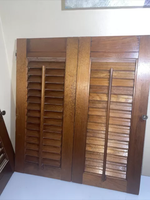 Pair Vtg Wood Folding Louver Rustic Wooden Interior Window Shutters 18"W x 20"H 3