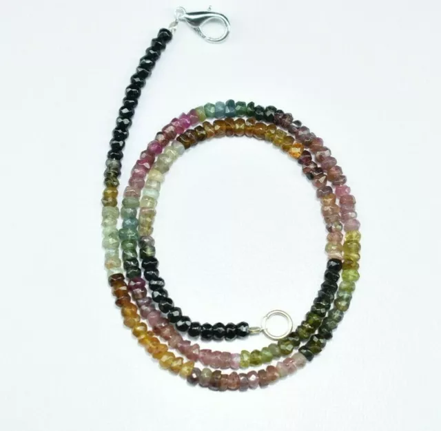 Multi Tourmaline Rondelle Faceted Gemstone Beaded Necklace 925 Sterling Silver