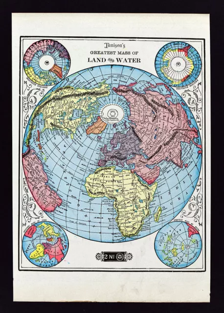 1901 Tunison Map World Land Mass and Water Projection North Pole Atlantic Ocean