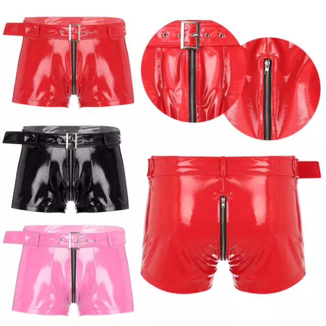 Men's PVC Leather Wet Look Shorts Bulge Pouch Hot Pants Zipper Cortch Swimwear