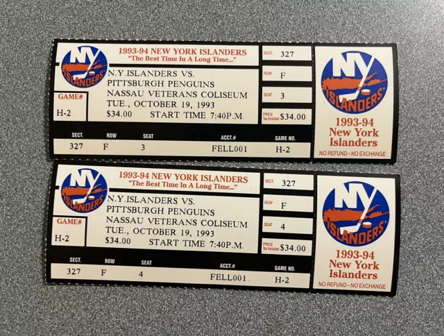 Vintage 1993 New York Islanders Ticket Stubs Vs Pittsburgh Penguins Oct 19, 1993