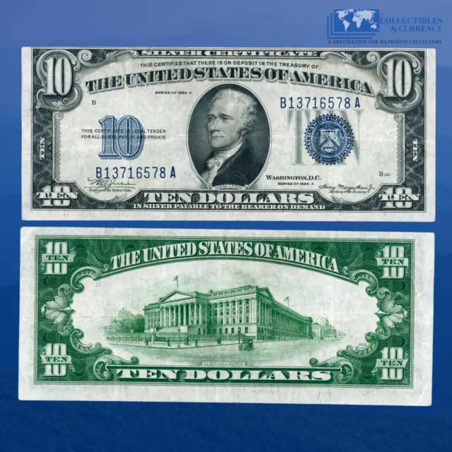 1934A $10 Ten Dollars Silver Certificate Blue Seal, VF+ Condition #16578