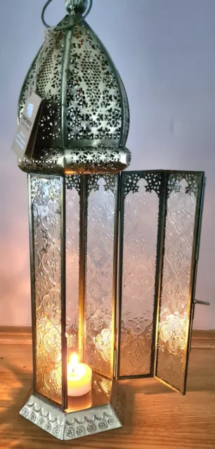 Large Brass Effect / Gold Colour Moroccan Style Metal Lantern Clear Glass 40cm