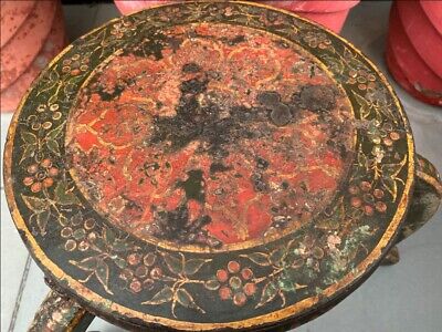 Antique Wood Painted Bikaner State Round Beautiful Table Stool Rich Patina 5
