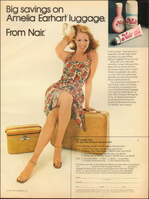 1974 Vintage ad  NAIR retro Hair removal Sexy Model Amelia Earhart luggage