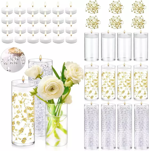 12 Set Glass Cylinder Vases for Centerpieces with 24 White Floating Candles