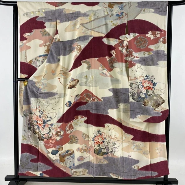 Japanese Kimono Furisode Pure Silk Tree Peony Gold And Silver Paint Cream Color