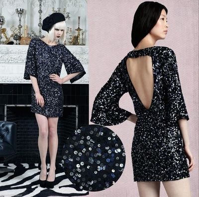 Alice + Olivia Liss Navy Blue Sequin Silk Open Cutout V-Back Shift Dress S $597