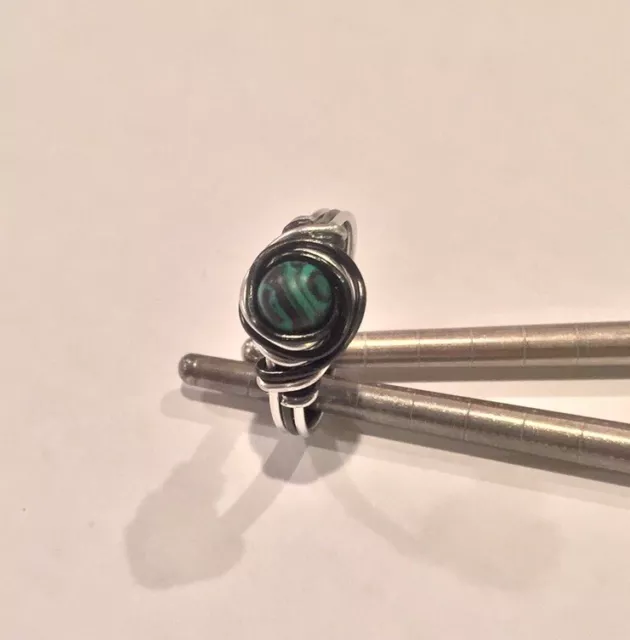 Black & Silver Green Malachite Gemstone Ring Open Size See Listing For Details