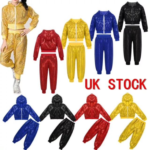 UK Kids Sparkly Sequins Dancewear Hip Hop Jazz Performance Costumes Jacket&Pants