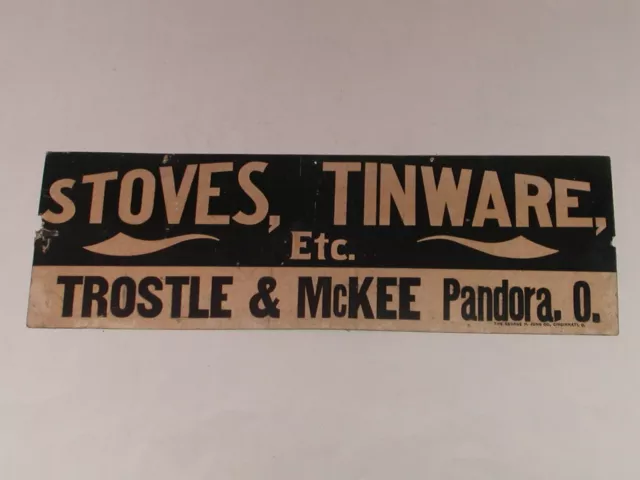 Stoves, Tinware Etc. Trostle & McKee Pandora, Ohio Antique Advertising Sign