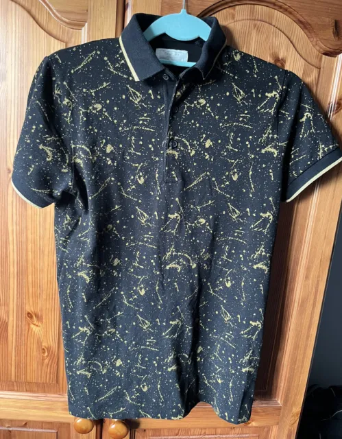 “NEXT” Boys Polo Shirt. (Age 13 Years) Black With Gold Pattern