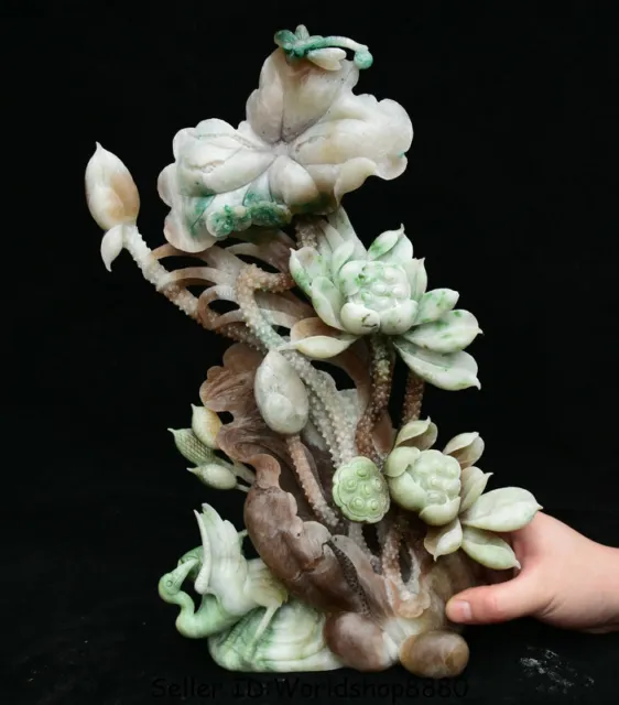 13.4" Fine China Natural Dushan Jade Carved Lotus Leaf Flower Crane Birds Statue