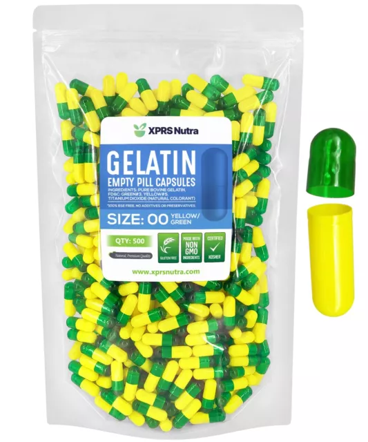 Size 00 Green & Yellow Empty Gelatin Pill Capsules Kosher Gluten-Free USA Made