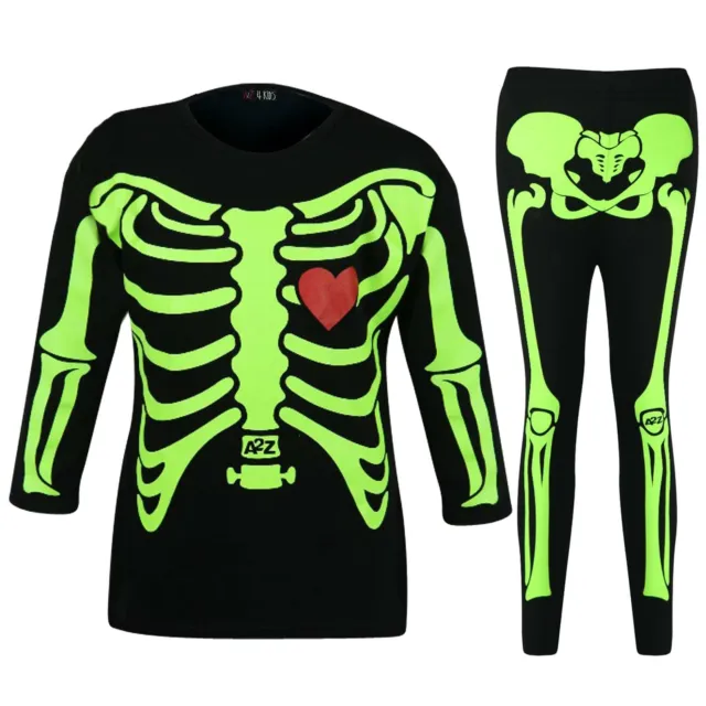 Girls Tops Kids Skeleton Print T Shirt Top & Legging Set Halloween Costume 5-13Y