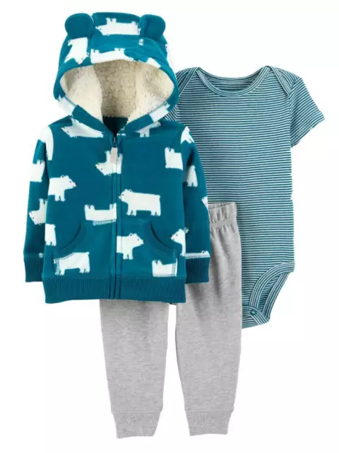 Carters Infant Boys 3Pc Outfit Blue Polar Bear Hoodie Bodysuit & Pants Set