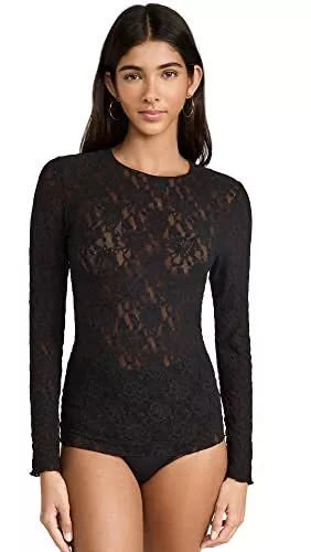 hanky panky Women's Signature Lace Unlined Long Sleeve Top, Small, Black