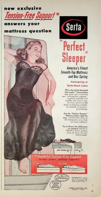 1952 Serta Perfect Sleeper Bed Mattress Vintage Print Ad Tension Free Support
