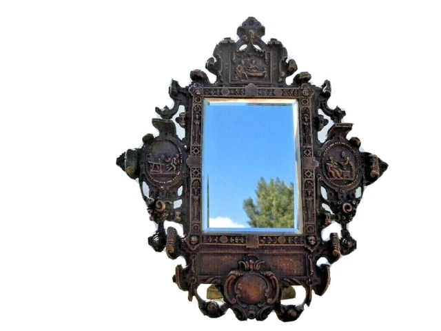 Miroir de table bronze décor scènes animées d'époque 19ème