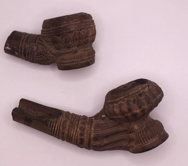 Two Authentic 19th C. Burmese Poppy/Tobacco Clay Pipe Bowl Old Hill Tribe pipe