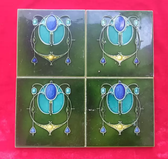 4 Piece Lot Old Art Flower Design Embossed Majolica Ceramic Tiles England 0379